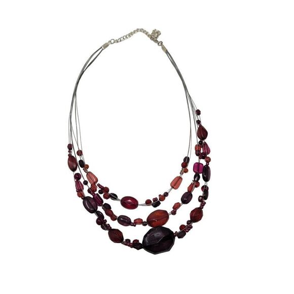 Multi Strand Necklace Maroon Burgundy Beaded Wire Illusion Choker Princess Glam - Picture 4 of 8